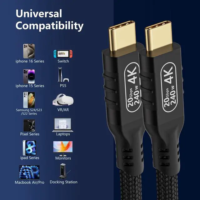 Alt view image 7 of 7 - Vszerda USB c 3.2 gen 2 Data Transfer 20 Gbps Cable 10ft/3musbc Nylon Long Fast Charging Cable 240 watt,USB c 4K Video Cable Compatibile laptops, Smartphone, Monitor.