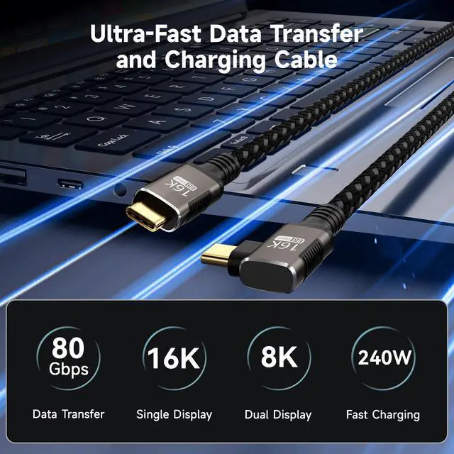 Alt view image 2 of 7 - right angle USB C long Cable 10FT Compatible With Thunderbolt 5/4,Type C 240W Fast Charging,USBC 16K@60Hz/8K@120Hz HD Video Output for Display,90 degree USB 5/4 Cable 80Gbps Data Transfer for SSD/Dock