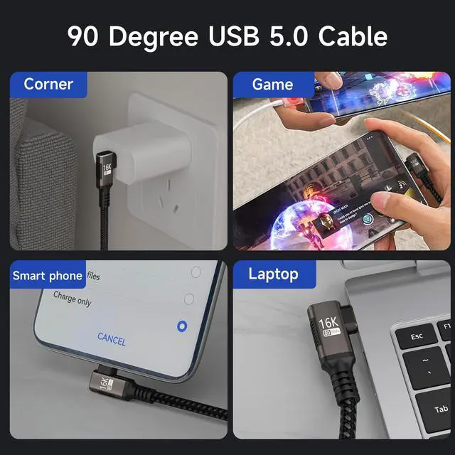 Alt view image 6 of 7 - right angle USB-C Cable 3.3FT Compatible With Thunderbolt 5/4,Type C 240W Fast Charging,USB C 16K@60Hz/8K@120Hz HD Video Output for Display,USB 5/4 90 degree Cable 80Gbps Data Transfer for SSD/Dock.