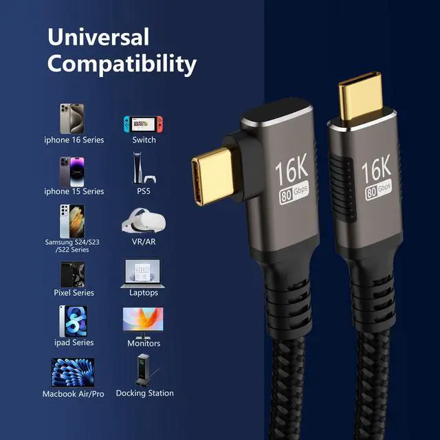 Alt view image 7 of 7 - right angle USB C long Cable 10FT Compatible With Thunderbolt 5/4,Type C 240W Fast Charging,USBC 16K@60Hz/8K@120Hz HD Video Output for Display,90 degree USB 5/4 Cable 80Gbps Data Transfer for SSD/Dock