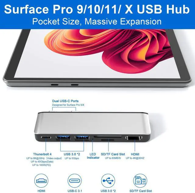 Alt view image 2 of 7 - Surface Pro 9/10/11/X USB Hub Docking Station, Surface pro 9 Accessories with 4K HDMI, USB-C Thunerbolt 4 (Display+Data+100W Charging), 2 USB 3.0, SD/TF, USB C Hub for Surface Pro 9/Pro10/Pro11/ProX