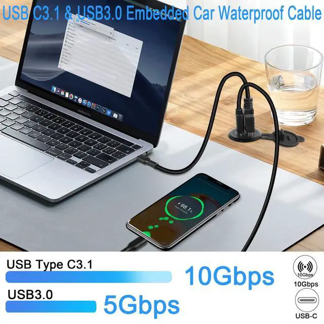 Alt view image 2 of 7 - Vszerda USB C3.1 & USB3.0 Embedded Car Waterproof Cable 10Gbps USB Type C 3.1 & USB3.0 Threaded Mounting Extension Cable, PD65W,Support 4K Video,LED,Al housing,for Dashboard car Boat Moto,2M/6.5ft
