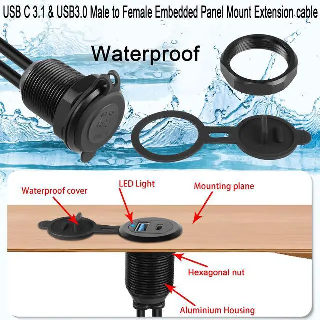 Alt view image 4 of 7 - Vszerda USB C3.1 & USB3.0 Embedded Car Waterproof Cable 10Gbps USB Type C 3.1 & USB3.0 Threaded Mounting Extension Cable, PD65W,Support 4K Video,LED,Al housing,for Dashboard car Boat Moto,2M/6.5ft