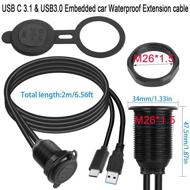 Alt view image 6 of 7 - Vszerda USB C3.1 & USB3.0 Embedded Car Waterproof Cable 10Gbps USB Type C 3.1 & USB3.0 Threaded Mounting Extension Cable, PD65W,Support 4K Video,LED,Al housing,for Dashboard car Boat Moto,2M/6.5ft