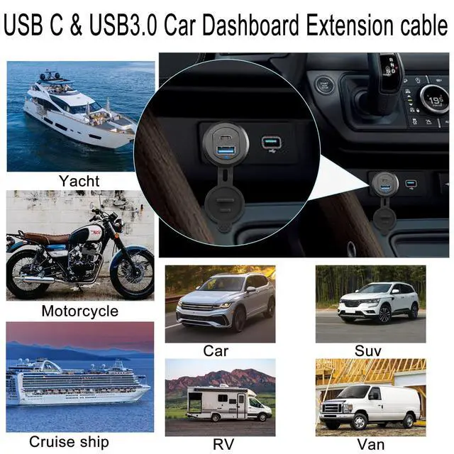 Alt view image 7 of 7 - Vszerda USB C3.1 & USB3.0 Embedded Car Waterproof Cable 10Gbps USB Type C 3.1 & USB3.0 Threaded Mounting Extension Cable, PD65W,Support 4K Video,LED,Al housing,for Dashboard car Boat Moto,2M/6.5ft