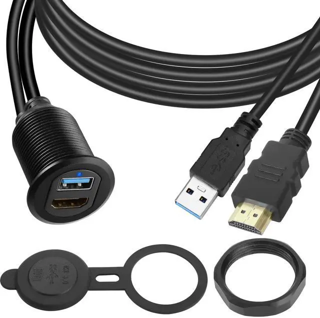 Main image of Vszerda USB3.0 & HDMI Embedded Car Waterproof Cable USB3.0+HDMI 1.4 Threaded Fixed Mount Data Extension Cable, LED Light, Aluminum Housing, for Dashboard Car Boat Motorbike, 2M/6.5ft