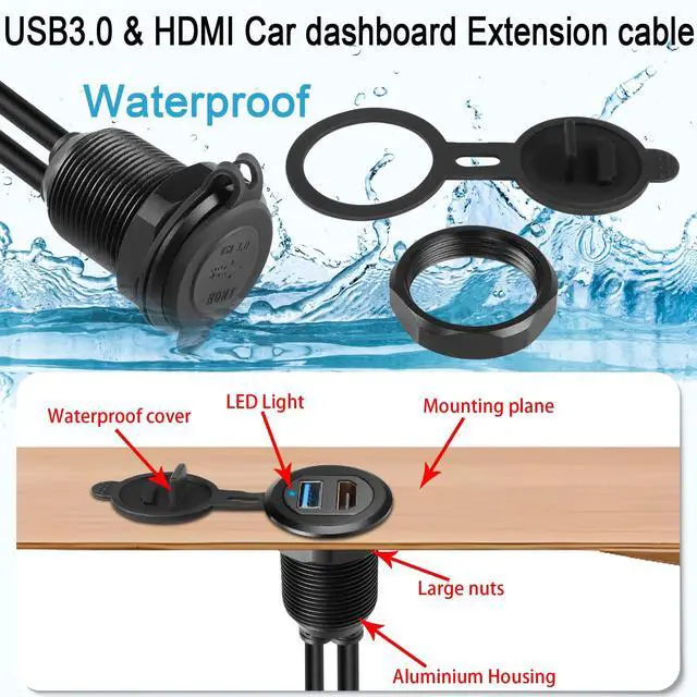 Alt view image 4 of 7 - Vszerda USB3.0 & HDMI Embedded Car Waterproof Cable USB3.0+HDMI 1.4 Threaded Fixed Mount Data Extension Cable, LED Light, Aluminum Housing, for Dashboard Car Boat Motorbike, 2M/6.5ft