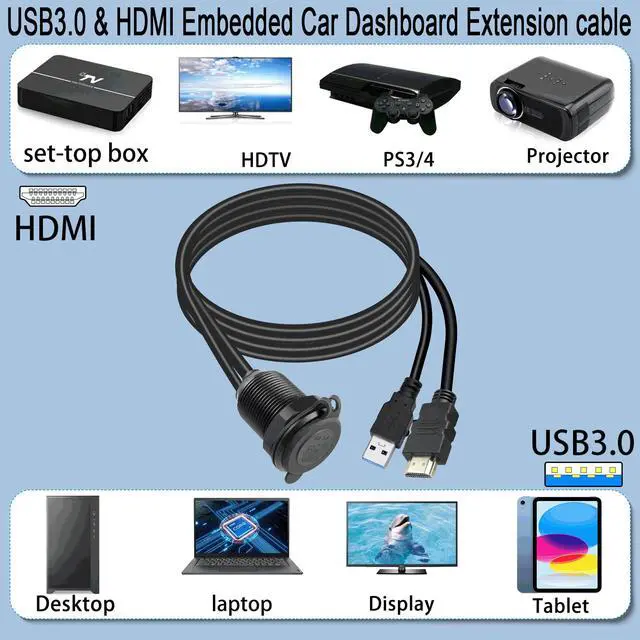 Alt view image 7 of 7 - Vszerda USB3.0 & HDMI Embedded Car Waterproof Cable USB3.0+HDMI 1.4 Threaded Fixed Mount Data Extension Cable, LED Light, Aluminum Housing, for Dashboard Car Boat Motorbike, 2M/6.5ft