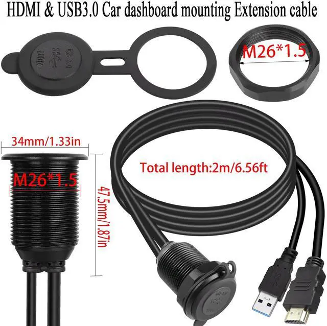 Alt view image 6 of 7 - Vszerda USB3.0 & HDMI Embedded Car Waterproof Cable USB3.0+HDMI 1.4 Threaded Fixed Mount Data Extension Cable, LED Light, Aluminum Housing, for Dashboard Car Boat Motorbike, 2M/6.5ft