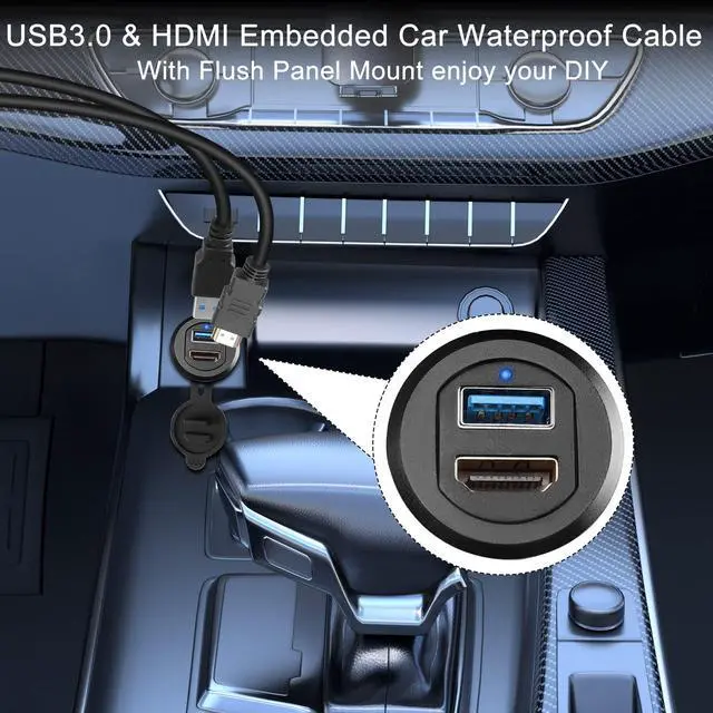 Alt view image 5 of 7 - Vszerda USB3.0 & HDMI Embedded Car Waterproof Cable USB3.0+HDMI 1.4 Threaded Fixed Mount Data Extension Cable, LED Light, Aluminum Housing, for Dashboard Car Boat Motorbike, 2M/6.5ft