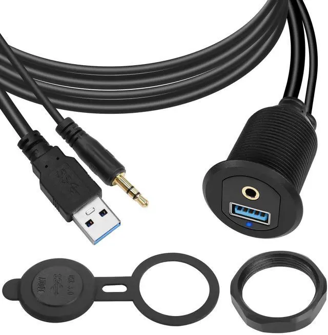 Main image of Vszerda USB3.0 & 3.5mm Audio Threaded Fixed Embedded Car Waterproof Cable 5Gbps TRS 3.5mm & USB3.0 Dashboard Panel Mount Extension Cable, LED Lights, Al Housing, for Car Boat Motorbike,2M/6.5ft