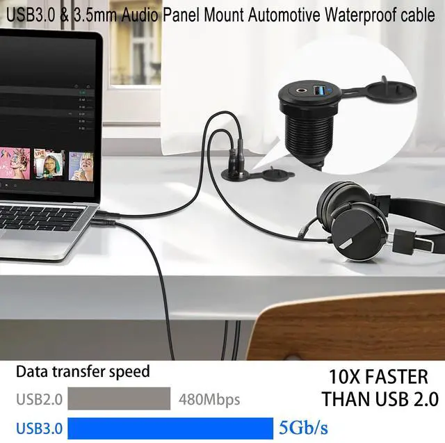 Alt view image 3 of 7 - Vszerda USB3.0 & 3.5mm Audio Threaded Fixed Embedded Car Waterproof Cable 5Gbps TRS 3.5mm & USB3.0 Dashboard Panel Mount Extension Cable, LED Lights, Al Housing, for Car Boat Motorbike,2M/6.5ft
