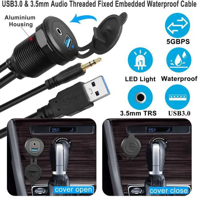 Alt view image 2 of 7 - Vszerda USB3.0 & 3.5mm Audio Threaded Fixed Embedded Car Waterproof Cable 5Gbps TRS 3.5mm & USB3.0 Dashboard Panel Mount Extension Cable, LED Lights, Al Housing, for Car Boat Motorbike,2M/6.5ft