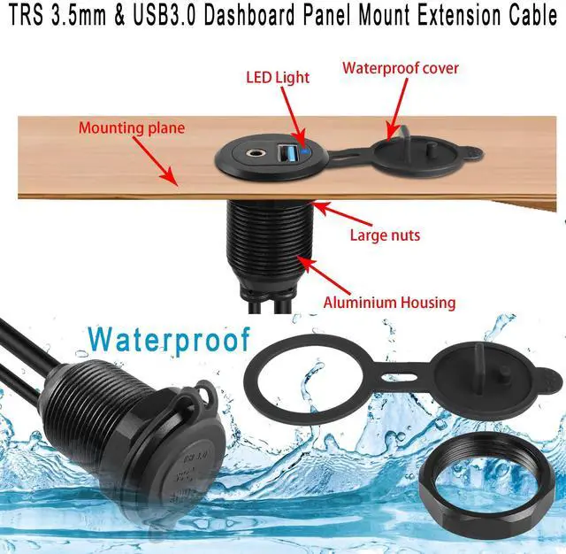 Alt view image 4 of 7 - Vszerda USB3.0 & 3.5mm Audio Threaded Fixed Embedded Car Waterproof Cable 5Gbps TRS 3.5mm & USB3.0 Dashboard Panel Mount Extension Cable, LED Lights, Al Housing, for Car Boat Motorbike,2M/6.5ft