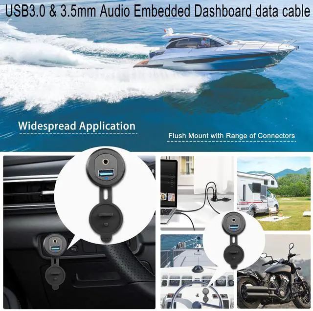 Alt view image 7 of 7 - Vszerda USB3.0 & 3.5mm Audio Threaded Fixed Embedded Car Waterproof Cable 5Gbps TRS 3.5mm & USB3.0 Dashboard Panel Mount Extension Cable, LED Lights, Al Housing, for Car Boat Motorbike,2M/6.5ft