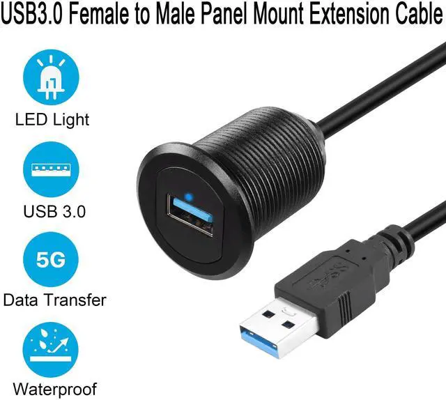 Alt view image 2 of 7 - Vszerda 5Gbps USB 3.0 Threaded Fixed Embedded Car Waterproof Cable USB3.0 Female to Male Panel Mount Extension Cable with LED Light Aluminium Housing,for Dashboard Car Boat Motorbike,2M/6.5ft