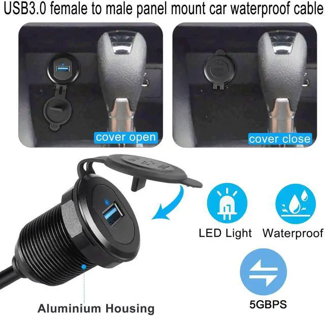 Alt view image 5 of 7 - Vszerda 5Gbps USB 3.0 Threaded Fixed Embedded Car Waterproof Cable USB3.0 Female to Male Panel Mount Extension Cable with LED Light Aluminium Housing,for Dashboard Car Boat Motorbike,2M/6.5ft