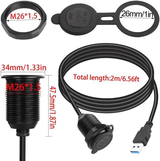 Alt view image 6 of 7 - Vszerda 5Gbps USB 3.0 Threaded Fixed Embedded Car Waterproof Cable USB3.0 Female to Male Panel Mount Extension Cable with LED Light Aluminium Housing,for Dashboard Car Boat Motorbike,2M/6.5ft