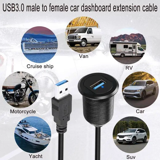 Alt view image 7 of 7 - Vszerda 5Gbps USB 3.0 Threaded Fixed Embedded Car Waterproof Cable USB3.0 Female to Male Panel Mount Extension Cable with LED Light Aluminium Housing,for Dashboard Car Boat Motorbike,2M/6.5ft
