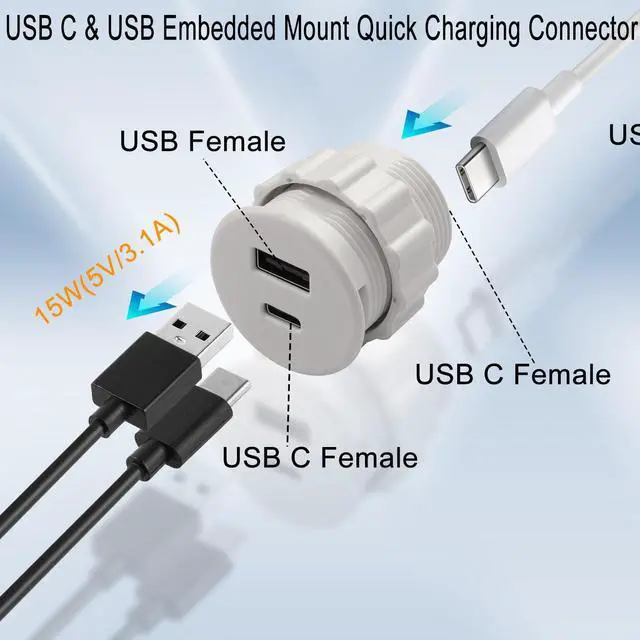 Alt view image 3 of 7 - Vszerda USB C & USB Embedded Mount Quick Charging Connector 15W Type C + USB Threaded Fixed Adapter 2 Port Charging Socket 5V/3.1A,LED Light,Mount on Furniture Desktop, White (only USB Charge)