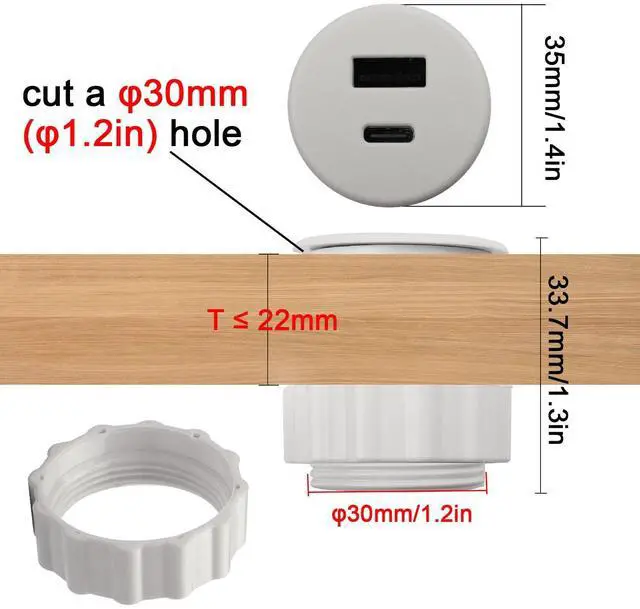 Alt view image 5 of 7 - Vszerda USB C & USB Embedded Mount Quick Charging Connector 15W Type C + USB Threaded Fixed Adapter 2 Port Charging Socket 5V/3.1A,LED Light,Mount on Furniture Desktop, White (only USB Charge)