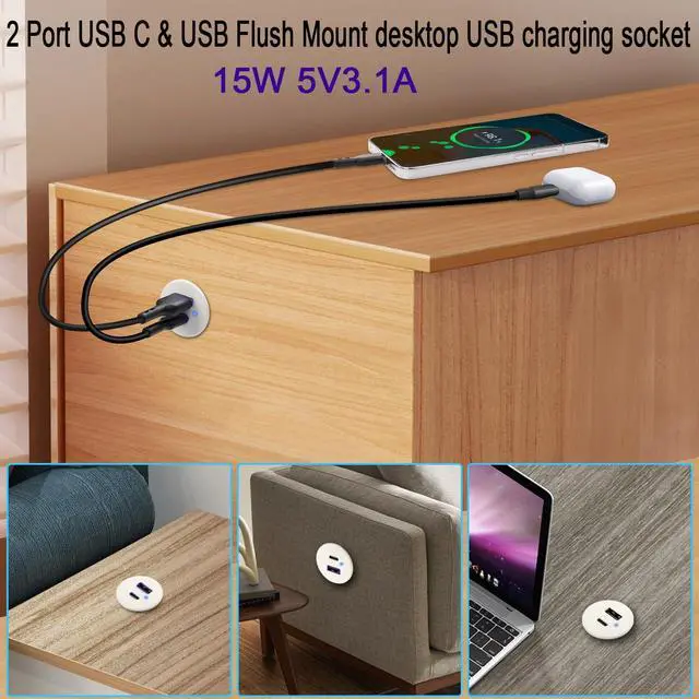Alt view image 6 of 7 - Vszerda USB C & USB Embedded Mount Quick Charging Connector 15W Type C + USB Threaded Fixed Adapter 2 Port Charging Socket 5V/3.1A,LED Light,Mount on Furniture Desktop, White (only USB Charge)