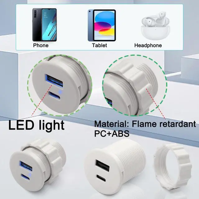 Alt view image 7 of 7 - Vszerda USB C & USB Embedded Mount Quick Charging Connector 15W Type C + USB Threaded Fixed Adapter 2 Port Charging Socket 5V/3.1A,LED Light,Mount on Furniture Desktop, White (only USB Charge)