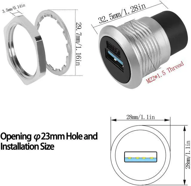 Alt view image 6 of 7 - Vszerda USB3.0 Panel Threaded Fixed Mount Coupler Adapter USB3.0 Female to Female Recessed Panel Mount Connector 5Gbps, Anti-loosening Gasket Dust-Proof Cover, for Dashboard or Device Panel
