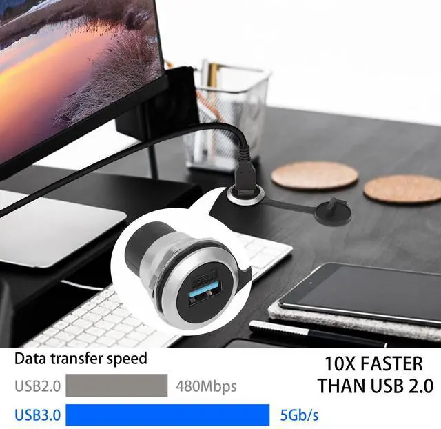 Alt view image 3 of 7 - Vszerda USB3.0 Panel Threaded Fixed Mount Coupler Adapter USB3.0 Female to Female Recessed Panel Mount Connector 5Gbps, Anti-loosening Gasket Dust-Proof Cover, for Dashboard or Device Panel