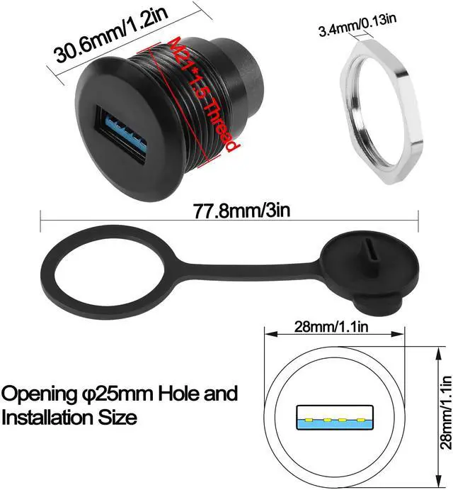 Alt view image 6 of 7 - Vszerda USB 3.0 to USB C Embedded Threaded Fixed Adapter 5Gbps USB 3.0 Female to USB C Female Panel Mount Converter Connector USB 3.0 to USB C Round Connector Socket, with Waterproof Dust Cap
