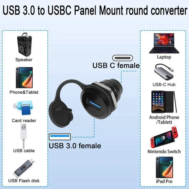 Alt view image 7 of 7 - Vszerda USB 3.0 to USB C Embedded Threaded Fixed Adapter 5Gbps USB 3.0 Female to USB C Female Panel Mount Converter Connector USB 3.0 to USB C Round Connector Socket, with Waterproof Dust Cap