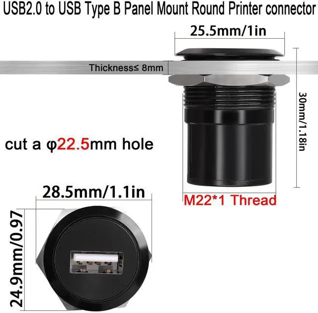 Alt view image 6 of 6 - Vszerda USB2.0 to USB B Threaded Fixed Printer Adapter USB2.0 Female to USB Type B Female Panel Mount Round Connector for PC Printer Scanner Laptop