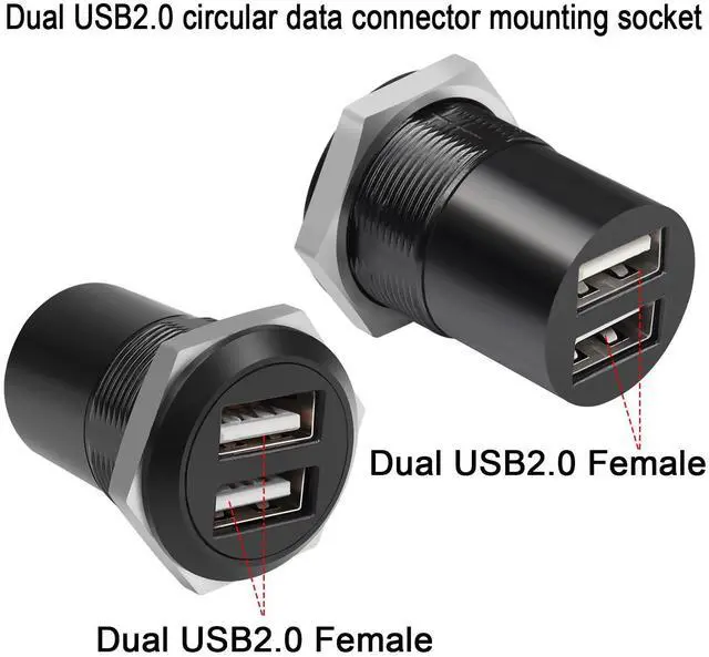 Alt view image 2 of 7 - Vszerda Dual USB2.0 Threaded Fixed Round Connector 2 USB2.0 Female to 2 Female Panel Mount Adapter Dual USB2.0 Flush Mount Socket, for Data Transfer/Charge External USB Auxiliary Device