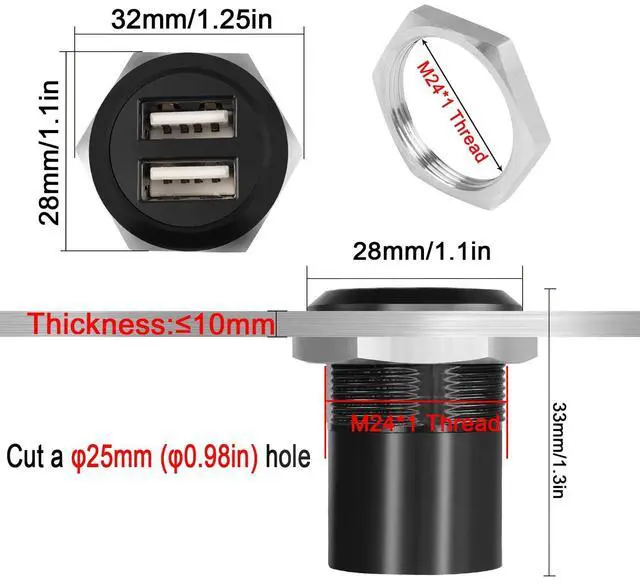 Alt view image 5 of 7 - Vszerda Dual USB2.0 Threaded Fixed Round Connector 2 USB2.0 Female to 2 Female Panel Mount Adapter Dual USB2.0 Flush Mount Socket, for Data Transfer/Charge External USB Auxiliary Device
