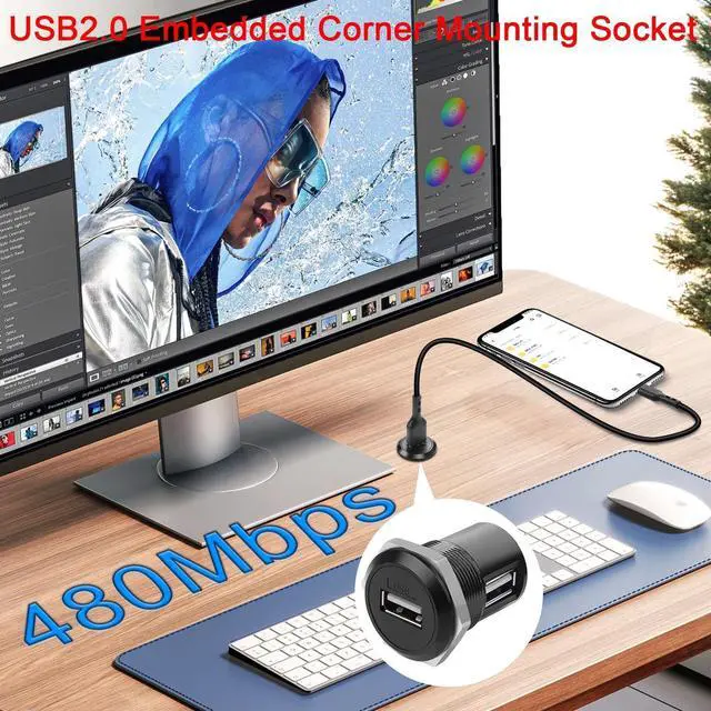 Alt view image 3 of 7 - Vszerda USB2.0 90 Angle Adapter, Female to Female, Panel Mount, Right Angle, Round Connector, Data Transfer, 5V 1A Charging