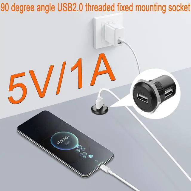 Alt view image 4 of 7 - Vszerda USB2.0 90 Angle Adapter, Female to Female, Panel Mount, Right Angle, Round Connector, Data Transfer, 5V 1A Charging