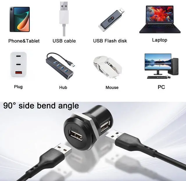 Alt view image 6 of 7 - Vszerda USB2.0 90 Angle Adapter, Female to Female, Panel Mount, Right Angle, Round Connector, Data Transfer, 5V 1A Charging