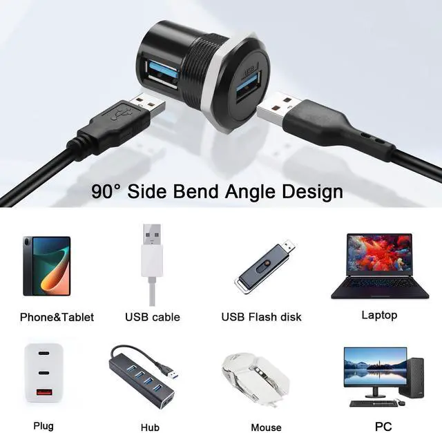 Alt view image 3 of 7 - Vszerda 90 Angle USB3.0 Female to Female Panel Mount Corner Adapter, USB3.0 Embedded Right Angle Mounting Socket, for USB Data Transfer, 5V 2A Charging