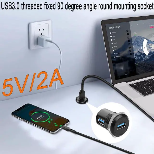 Alt view image 5 of 7 - Vszerda 90 Angle USB3.0 Female to Female Panel Mount Corner Adapter, USB3.0 Embedded Right Angle Mounting Socket, for USB Data Transfer, 5V 2A Charging