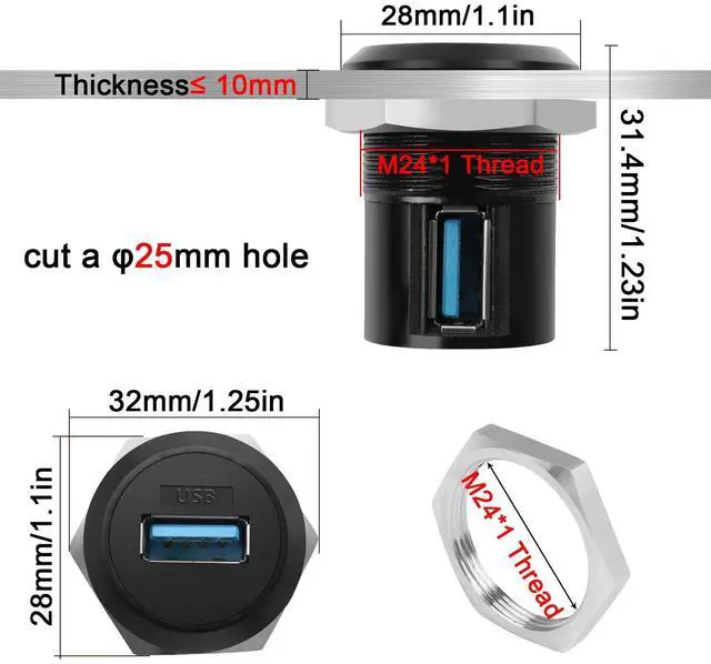 Alt view image 6 of 7 - Vszerda 90 Angle USB3.0 Female to Female Panel Mount Corner Adapter, USB3.0 Embedded Right Angle Mounting Socket, for USB Data Transfer, 5V 2A Charging