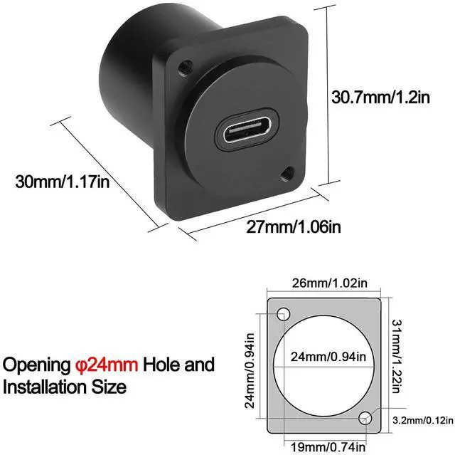 Alt view image 6 of 7 - Vszerda 10Gbps USB-C to USB-C Panel Mount Adapter, Type-C 3.1 Female to Female Straight Connector, 100W Charging, Integral Al Alloy Housing, D-Type/XLR Panel Mount, Extension