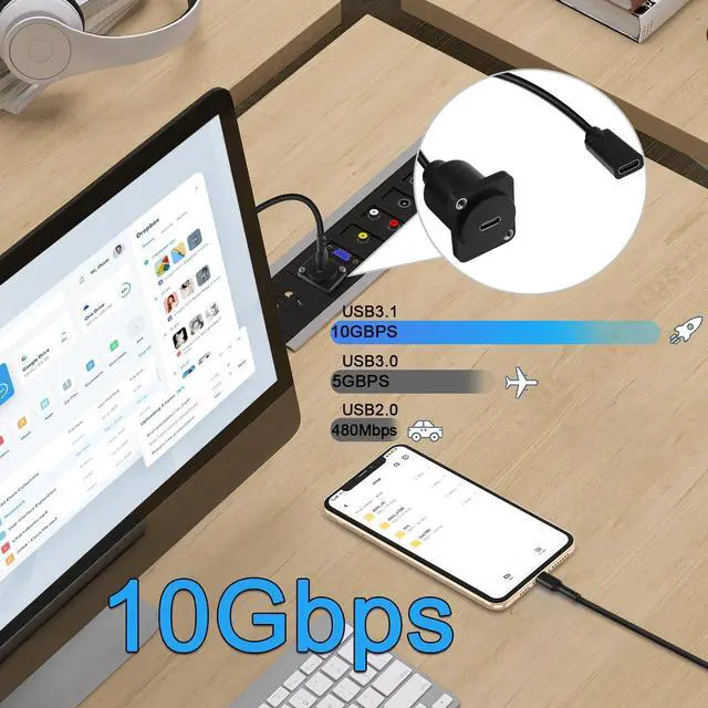 Alt view image 2 of 7 - Vszerda 10Gbps USB C Panel Mount Adapter 100W USB3.1 Type C Female to Female Shorting Connector Mount Socket, D Panel/XLR Panel Mount, for Data Transfer and 20V/5A Charging, 20cm/7.8in