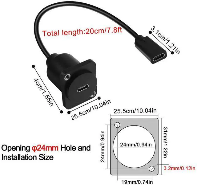 Alt view image 7 of 7 - Vszerda 10Gbps USB C Panel Mount Adapter 100W USB3.1 Type C Female to Female Shorting Connector Mount Socket, D Panel/XLR Panel Mount, for Data Transfer and 20V/5A Charging, 20cm/7.8in