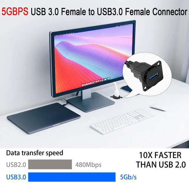 Alt view image 2 of 7 - Vszerda USB 3.0 Panel Mount Adapter 5GBPS USB 3.0 Female to USB3.0 Female Straight Through Data Connector USB Short Cable Panel Socket, fits D-Panel/XLR-Panel, 25cm/9.8in