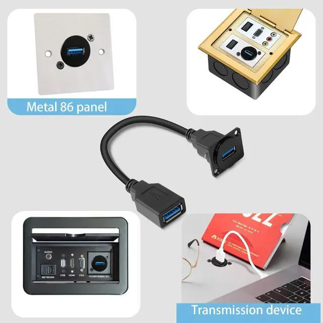 Alt view image 5 of 7 - Vszerda USB 3.0 Panel Mount Adapter 5GBPS USB 3.0 Female to USB3.0 Female Straight Through Data Connector USB Short Cable Panel Socket, fits D-Panel/XLR-Panel, 25cm/9.8in