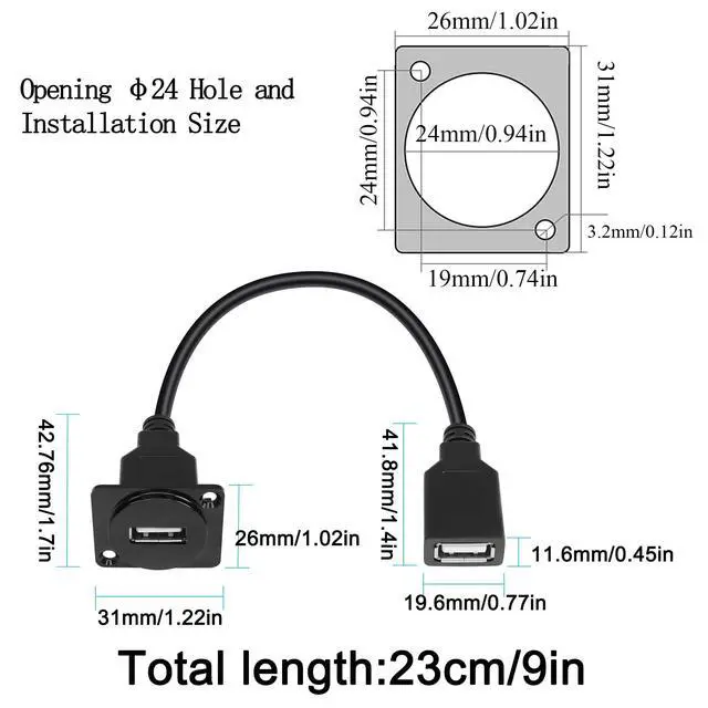 Alt view image 5 of 6 - Vszerda USB2.0 Panel Mount Short Cable Adapter USB 2.0 Female to Female Connector Coupler Fixed Mount Socket, D Panel/XLR Panel Mount, for Data Transfer Charging Extension USB2.0 Port, 23cm/9in