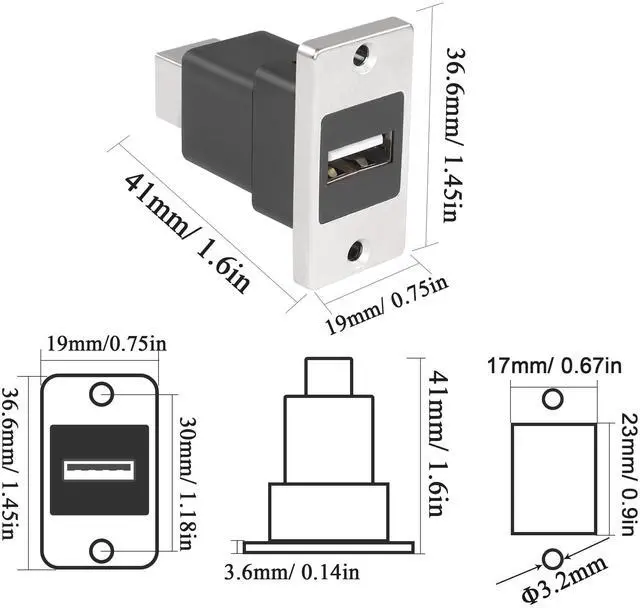 Alt view image 5 of 7 - Vszerda USB2.0 to USB B Panel Mount Print Adapter, USB 2.0 Female to USB B Female Rectangular Connector, Printer Socket, Scanner, Fax, PC, Laptop