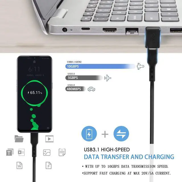 Alt view image 3 of 7 - Vszerda 90°USB 3.1 to USB C Adapter USB A Male to Type C Female Right Angle Coupler 10Gbps OTG Data Transfer Connector for Smartphone Laptop Tablet, Black, 5 Pcs