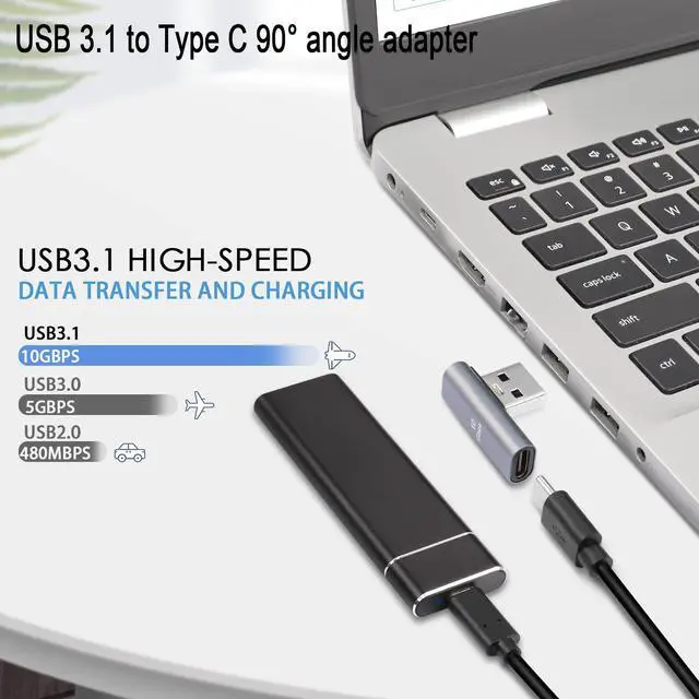 Alt view image 2 of 6 - Vszerda 90° Angle USB C to USB Adapter 10Gbps USB 3.1 Male to USB C Female Left Angle L-Shape Connector,Al Alloy Support 100W Charging, for PC Laptop Tablet, 2Pcs (Left Angle Vertical Bend)
