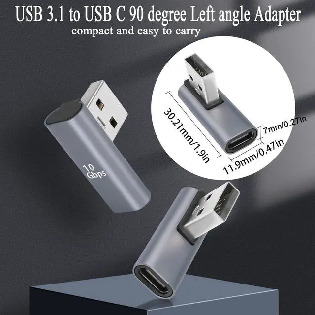 Alt view image 5 of 6 - Vszerda 90° Angle USB C to USB Adapter 10Gbps USB 3.1 Male to USB C Female Left Angle L-Shape Connector,Al Alloy Support 100W Charging, for PC Laptop Tablet, 2Pcs (Left Angle Vertical Bend)